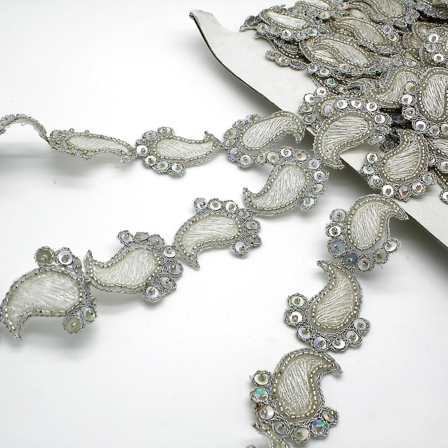 SILVER WHITE PAISLEY SEQUIN  BEADED TRIM - sarahi.NYC