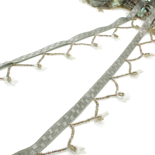 GRAY FLORAL BEADED FRINGE TRIM - sarahi.NYC