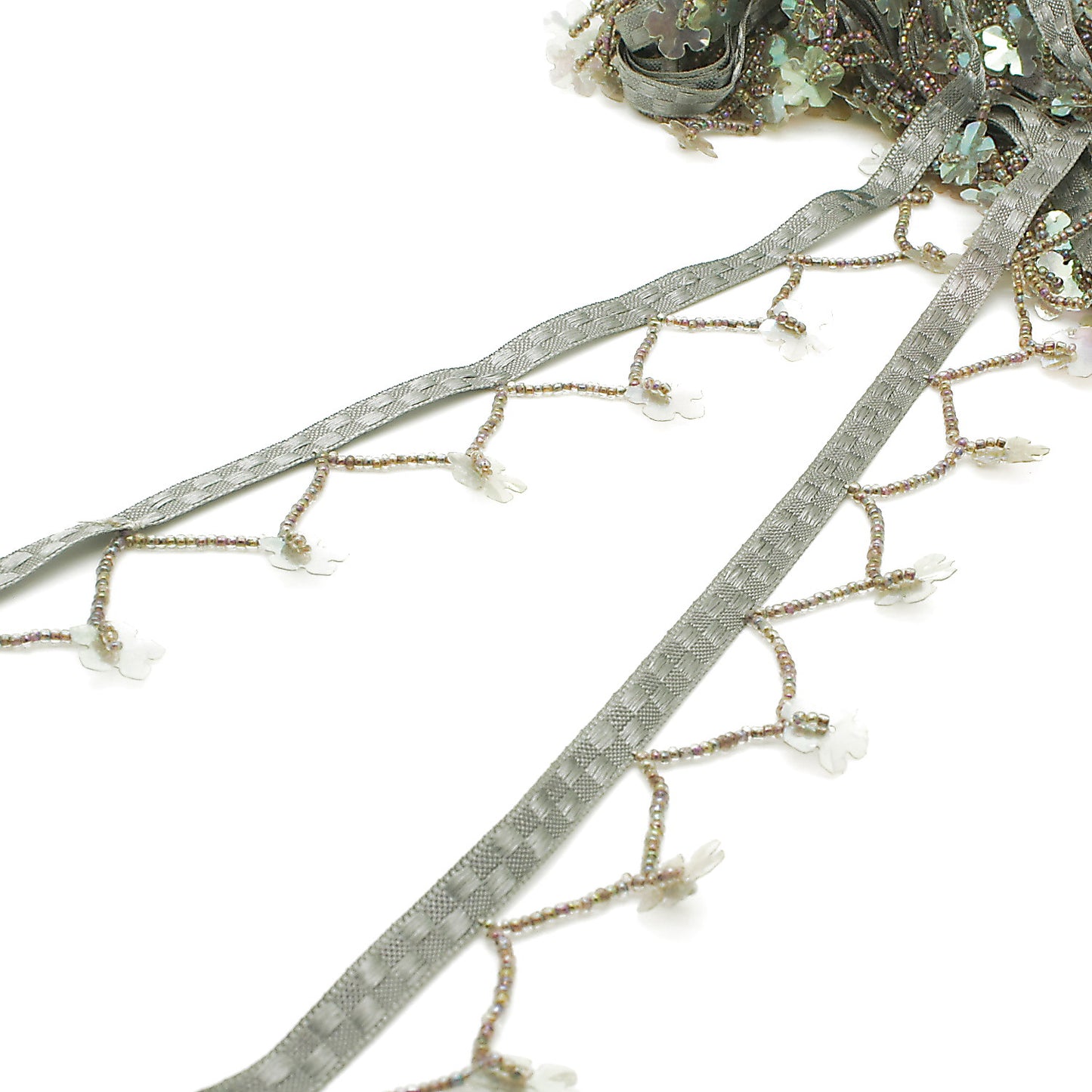 GRAY FLORAL BEADED FRINGE TRIM - sarahi.NYC