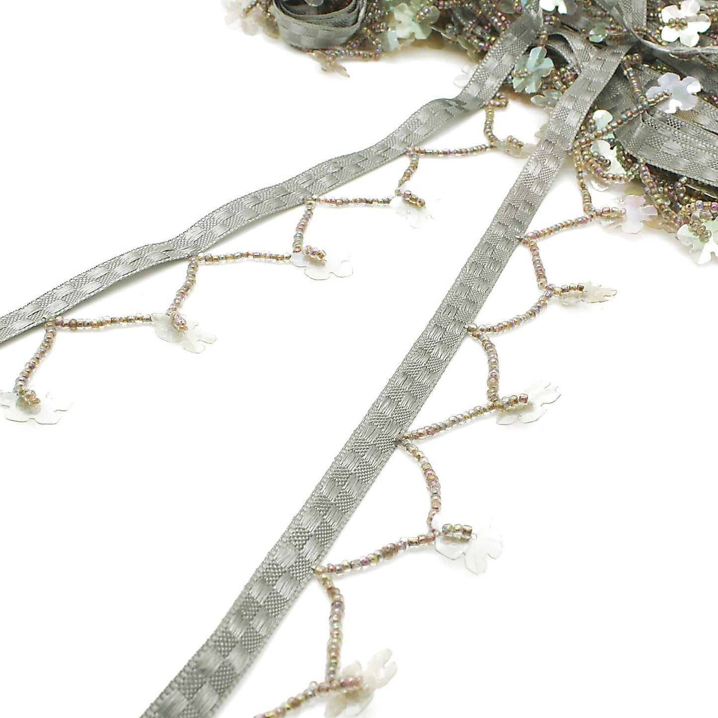 GRAY FLORAL BEADED FRINGE TRIM - sarahi.NYC