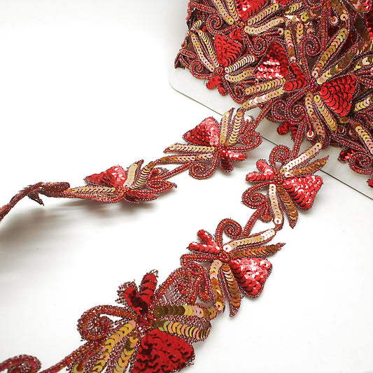 RED GOLD FLORAL BEADED SEQUIN TRIM - sarahi.NYC