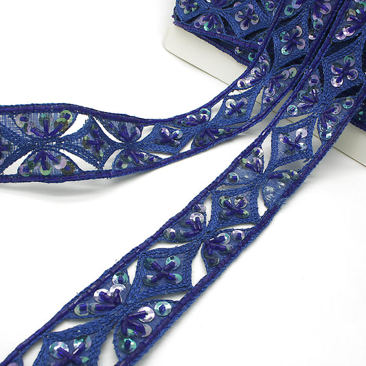 BLUE EMBROIDERED BEADED SEQUIN TRIM - sarahi.NYC