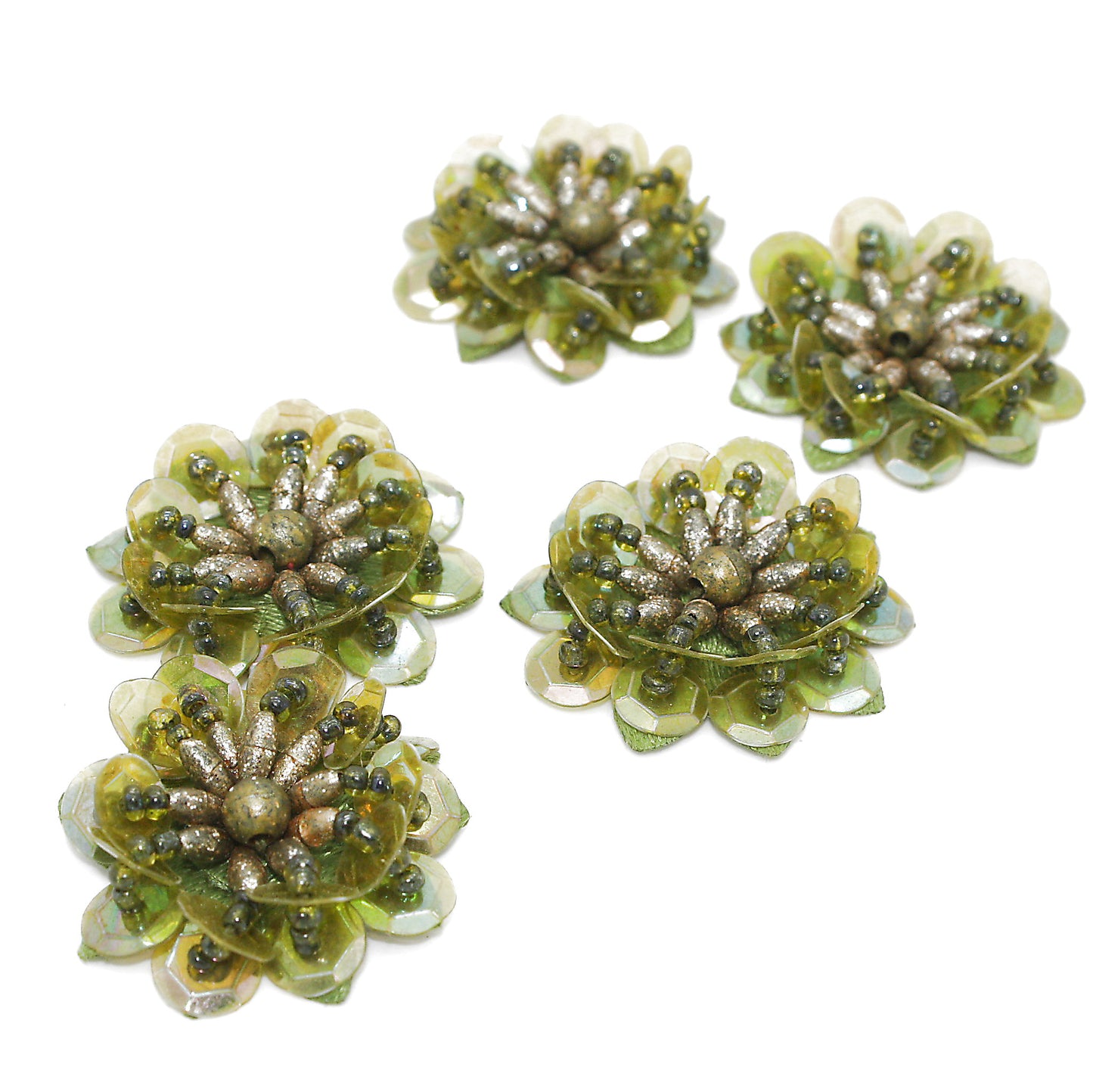 OLIVE GREEN SEQUIN FLOWER  MOTIFS - Pack of 5 - sarahi.NYC