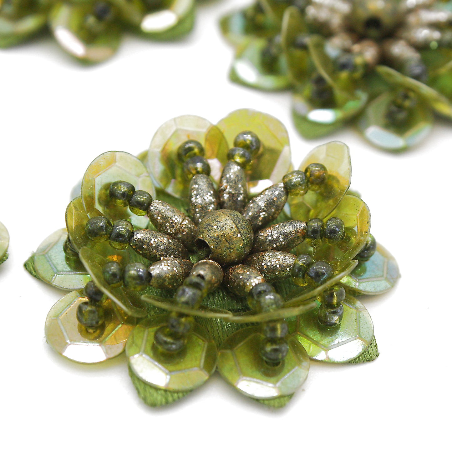 OLIVE GREEN SEQUIN FLOWER  MOTIFS - Pack of 5 - sarahi.NYC