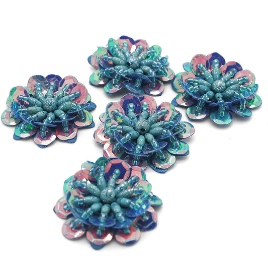 TURQUOISE METALLIC SEQUIN FLOWER  MOTIFS - Pack of 5 - sarahi.NYC