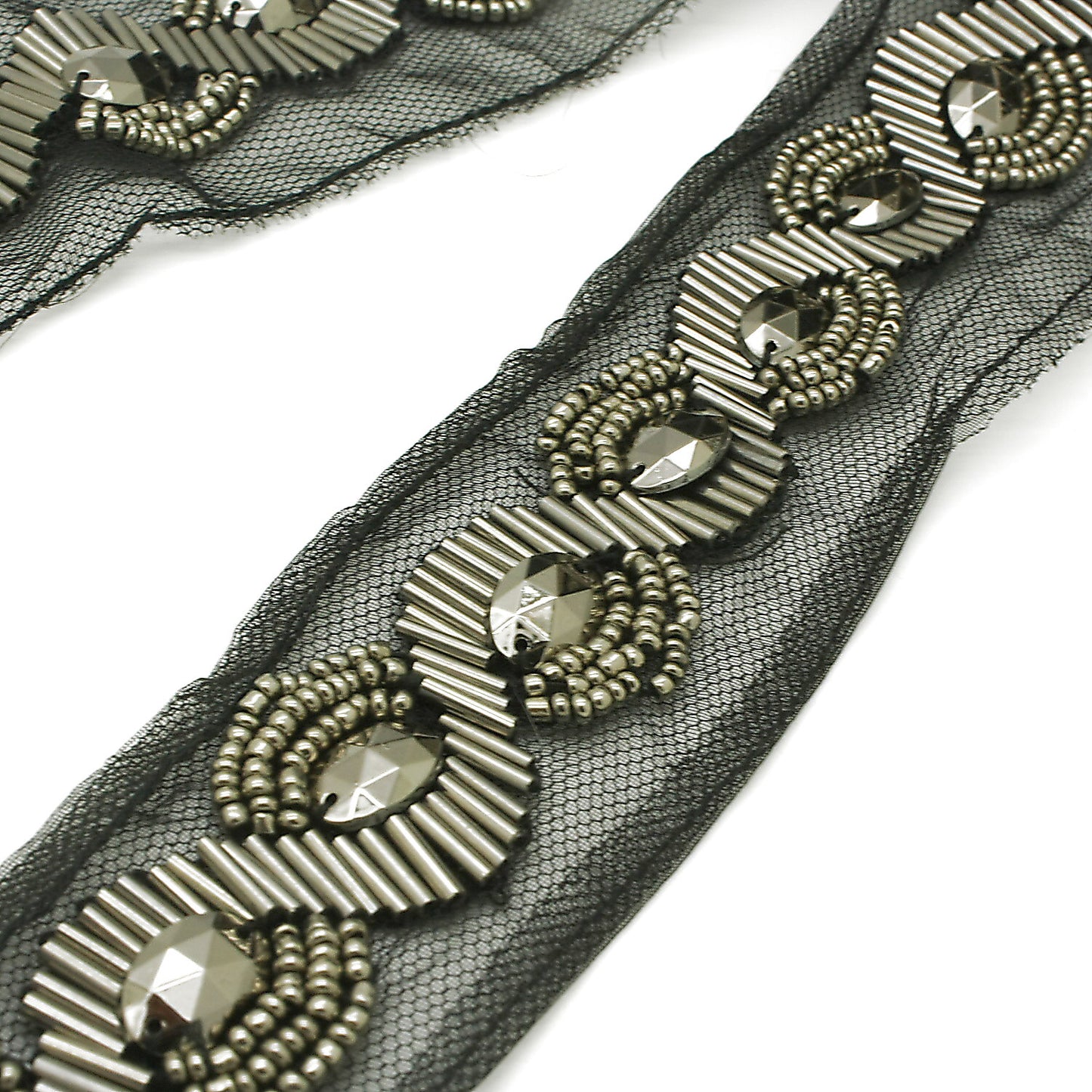 GUNMETAL GRAY BLACK NET RHINESTONE TRIM - sarahi.NYC