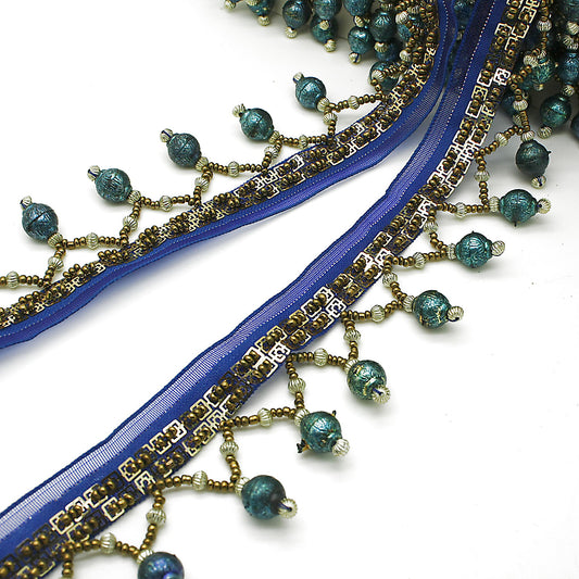 BLUE TEAL BEADED FRINGE TRIM - sarahi.NYC