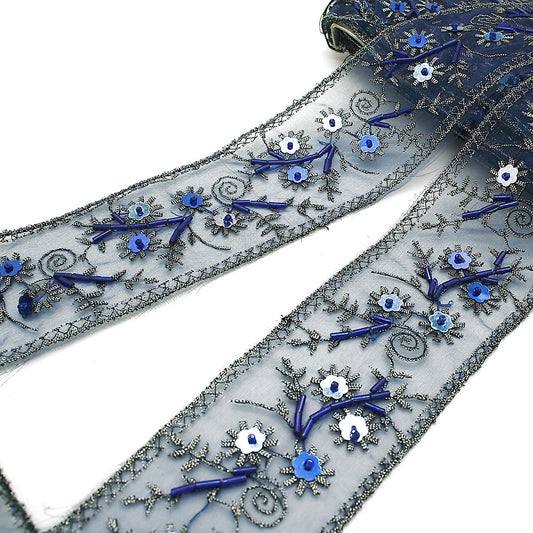 BLUE GRAY EMBROIDERED TRIM - sarahi.NYC