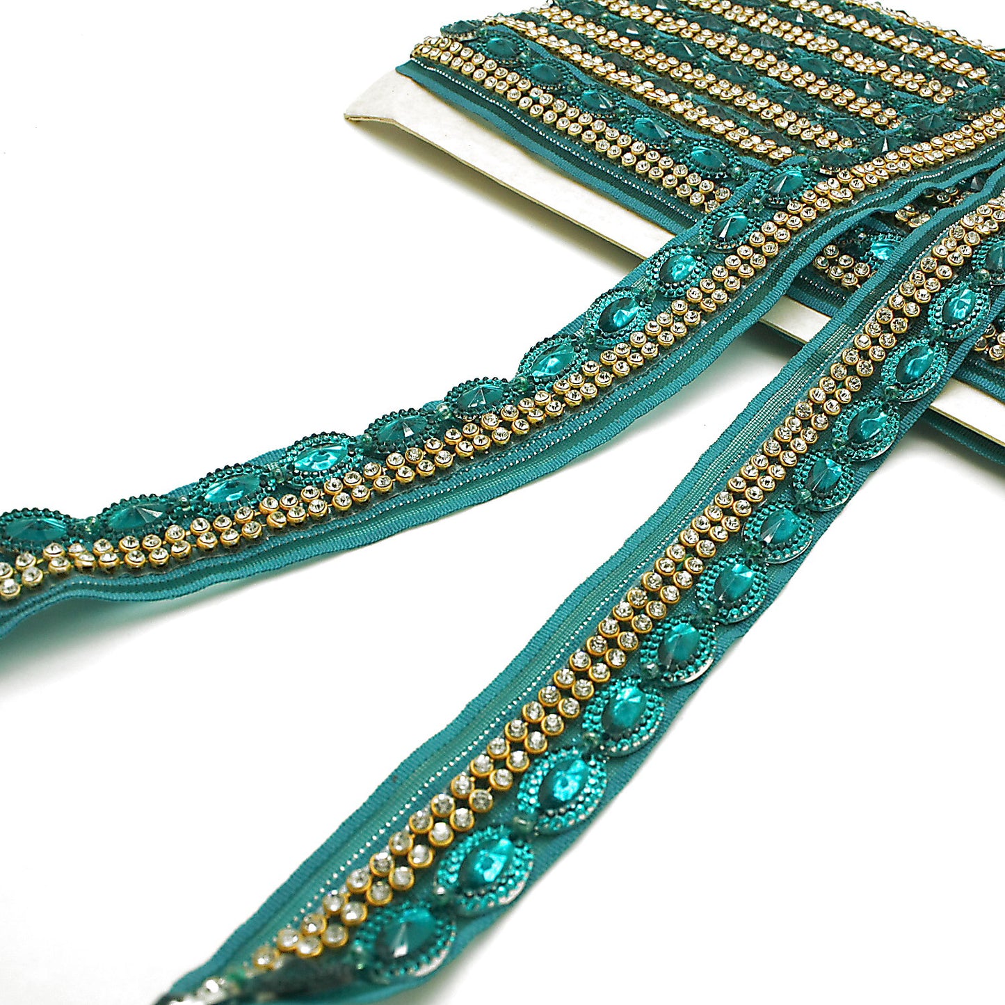 TEAL GREEN CRYSTAL RHINESTONE TRIM - sarahi.NYC