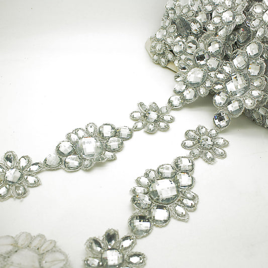 SILVER RHINSTONE FLORAL TRIM