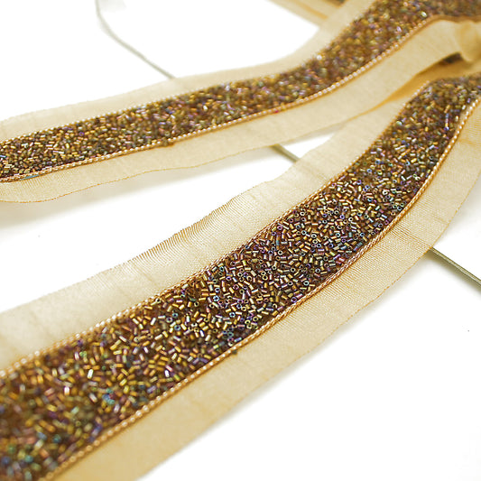 BRONZE GOLD BUGLE BEADED FABRIC TRIM - sarahi.NYC