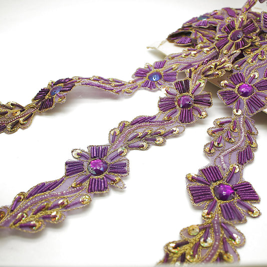 LILAC GOLD RHINESTONE FLORAL BEADED TRIM - sarahi.NYC