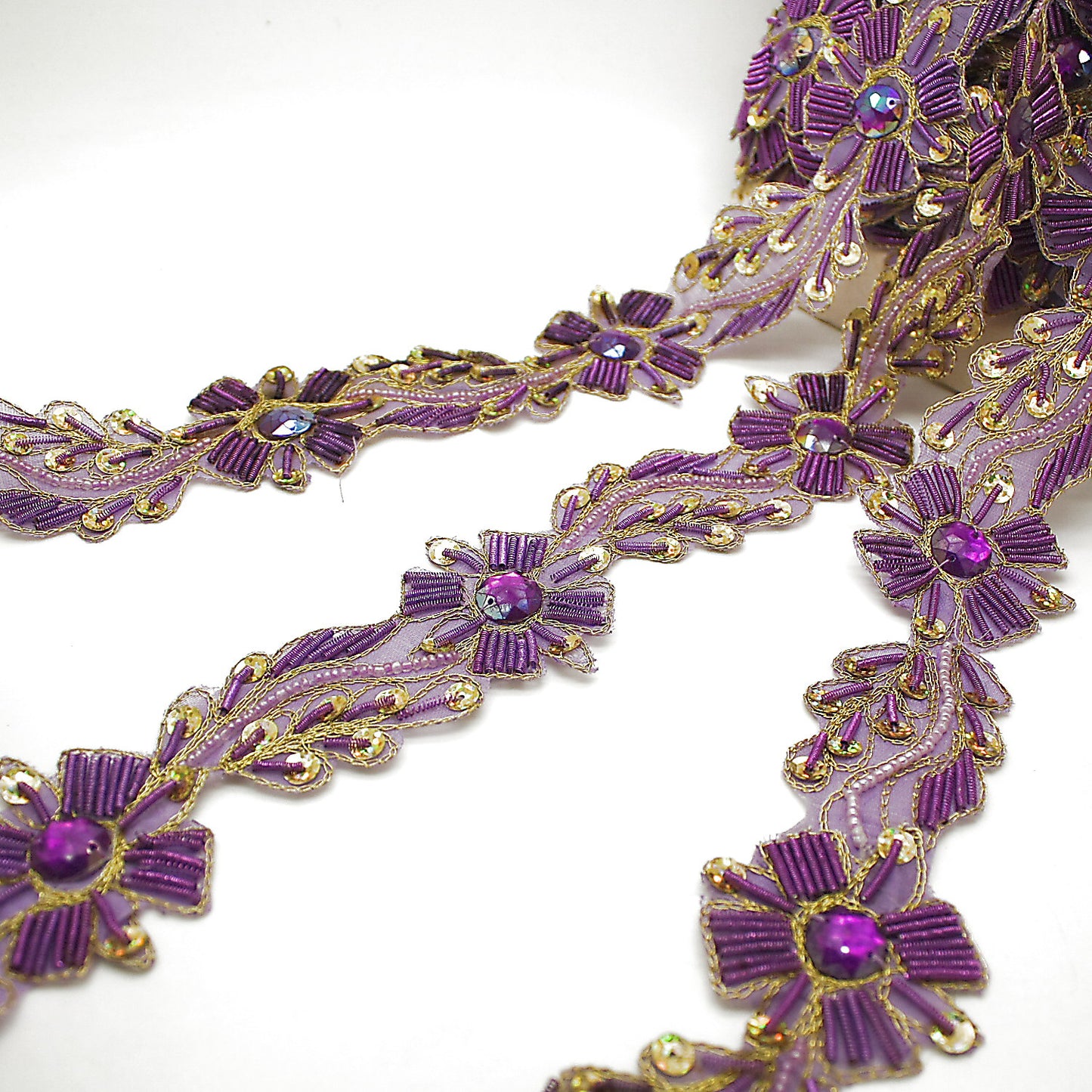 LILAC GOLD RHINESTONE FLORAL BEADED TRIM - sarahi.NYC