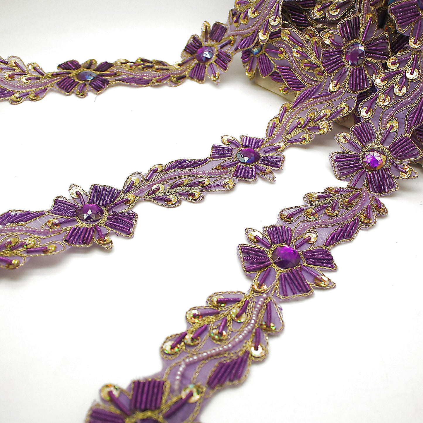 LILAC GOLD RHINESTONE FLORAL BEADED TRIM - sarahi.NYC