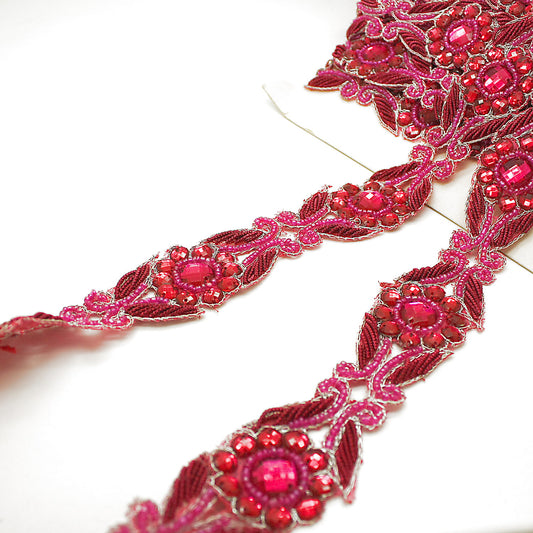 HOT PINK FLORAL BEADED RHINESTONE TRIM - sarahi.NYC