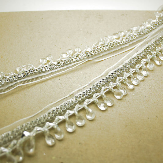 SILVER WHITE CRYSTAL BEADED FRINGE TRIM - sarahi.NYC