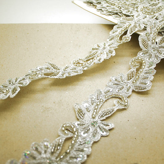 WHITE SILVER FLORAL BEADED TRIM - sarahi.NYC