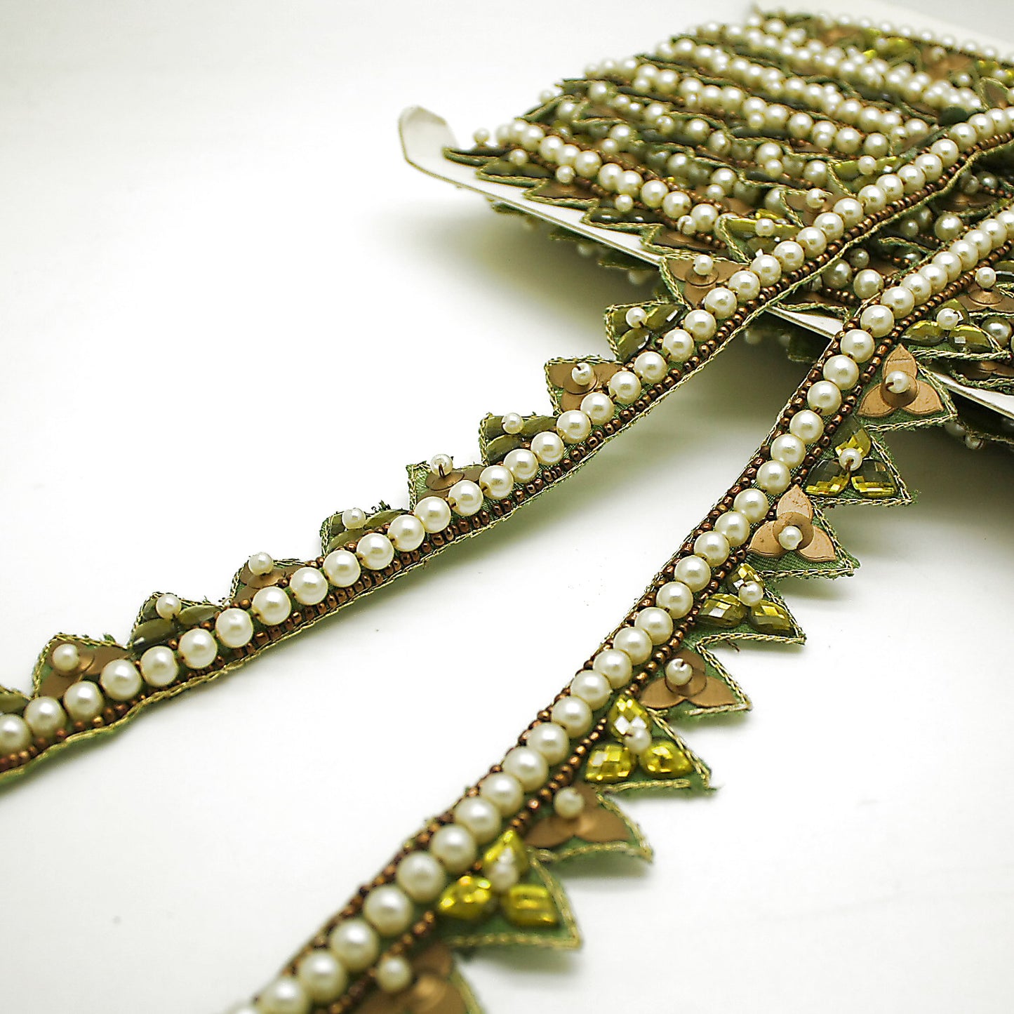 OLIVE GREEN PEARL RHINESTONE TRIM - sarahi.NYC