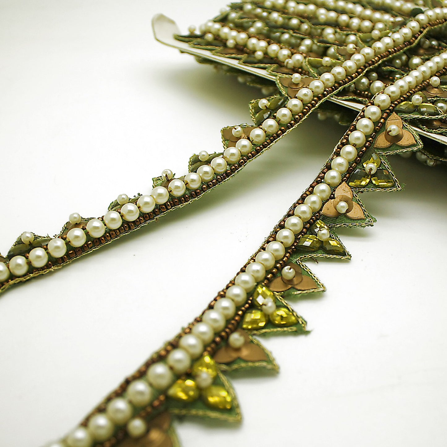 OLIVE GREEN PEARL RHINESTONE TRIM - sarahi.NYC