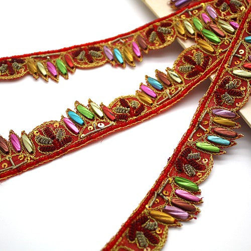 RED MULTI-COLOURED BEADED SEQUIN TRIM - sarahi.NYC