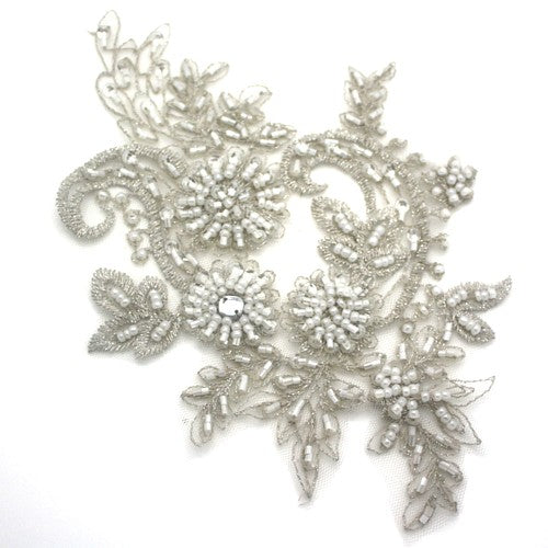 WHITE SILVER BEADED NET APPLIQUE - sarahi.NYC