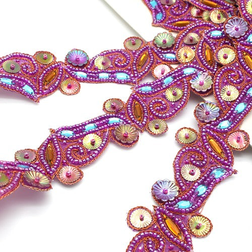 PURPLE TURQUOISE FLOWER BEADED TRIM - sarahi.NYC