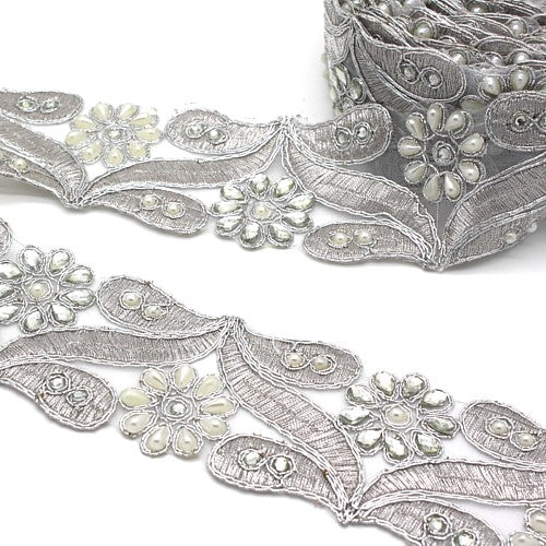 Silver pearl rhinestone fabric trim - sarahi.NYC