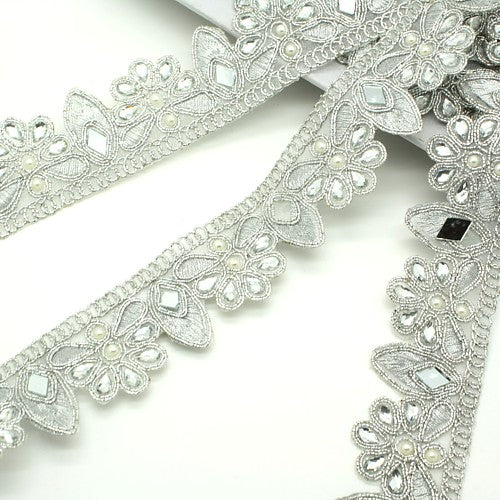 SILVER MIRROR PEARL RHINESTONE FABRIC TRIM - sarahi.NYC