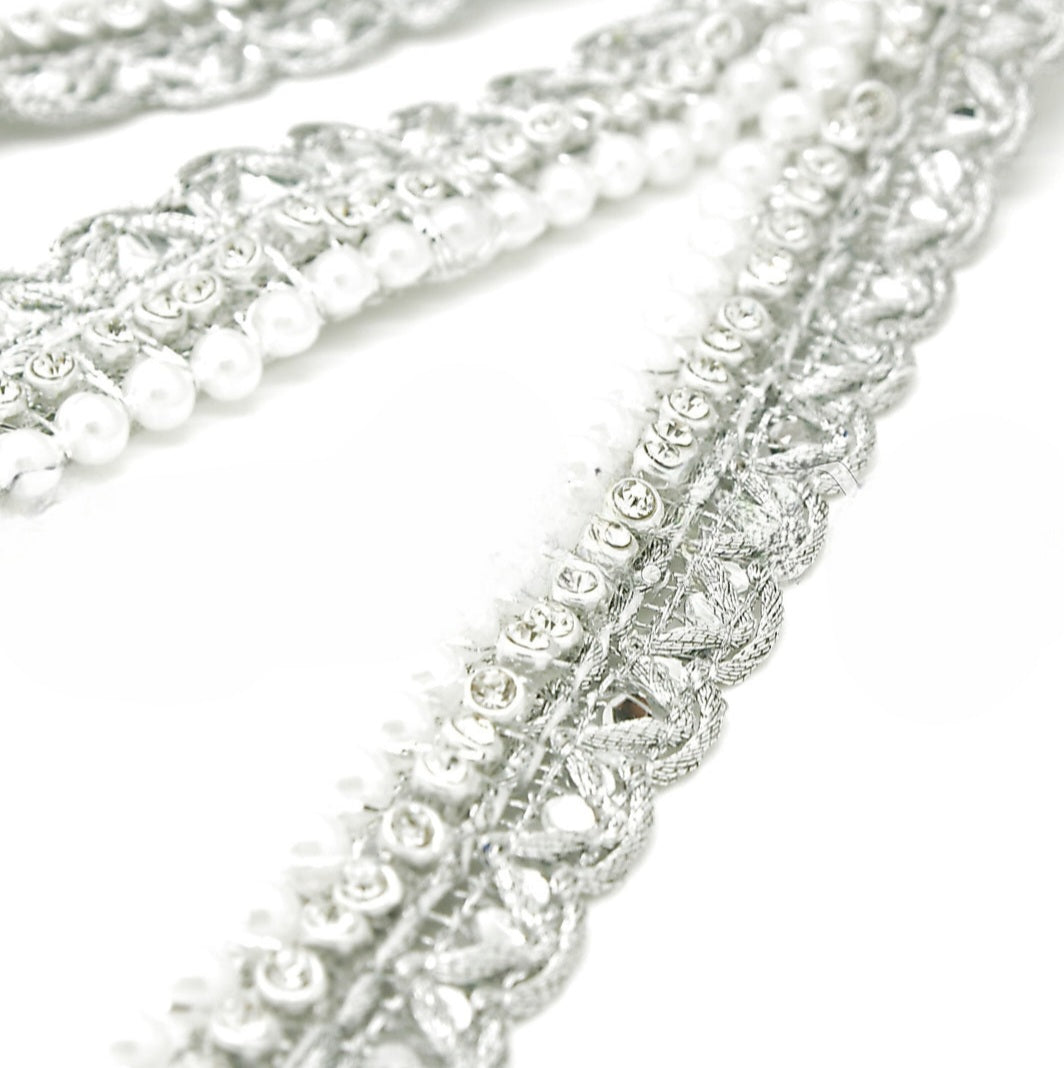 SILVER CRYSTAL PEARL EDGING FABRIC TRIM - sarahi.NYC