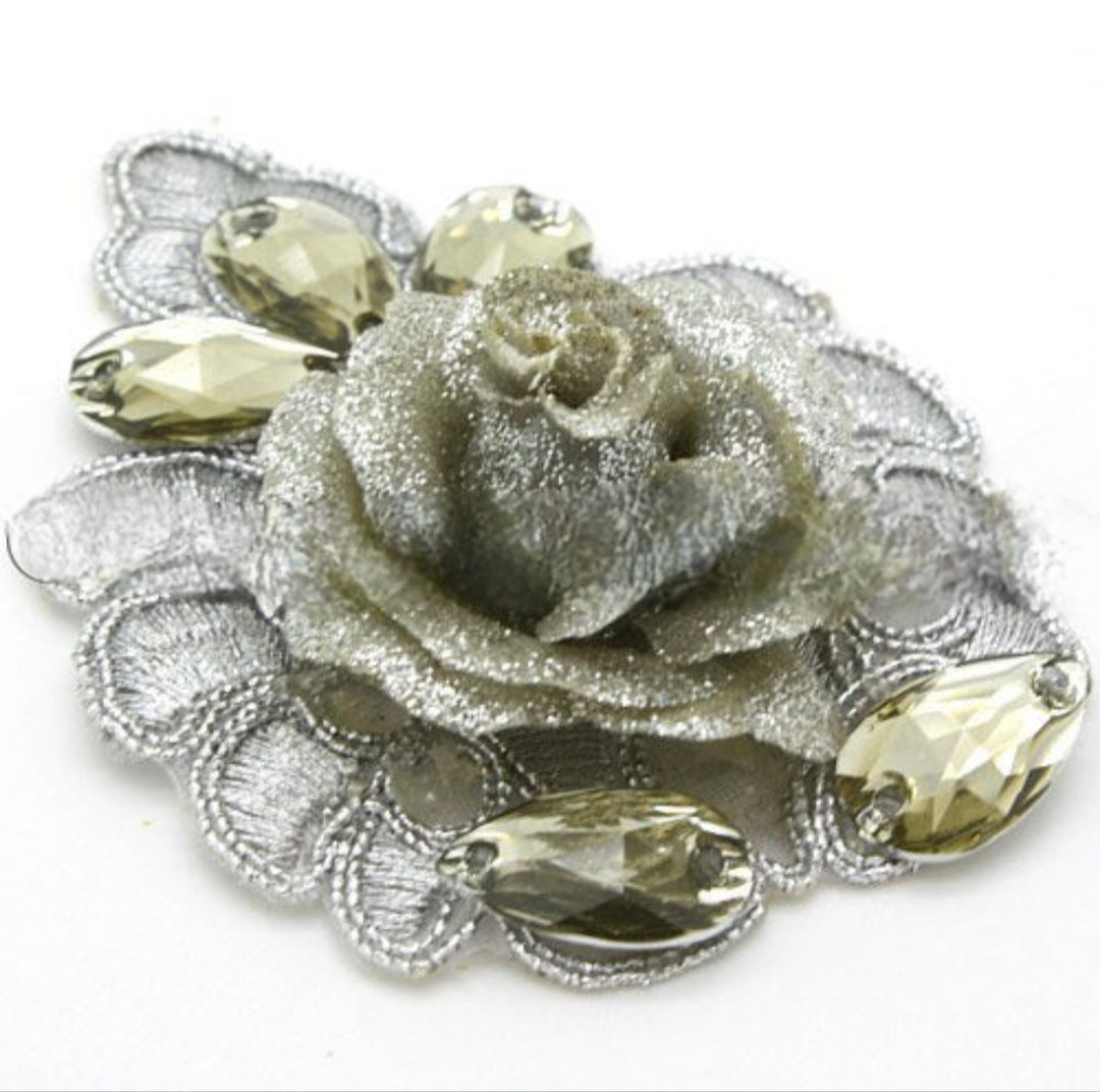 SILVER ROSE FLORAL RHINESTONE APPLIQUE - sarahi.NYC