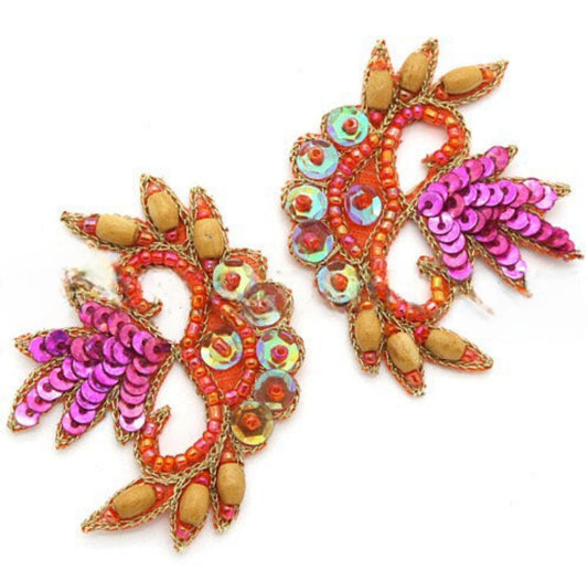 ORANGE PINK BEADED SEQUIN MOTIF PAIR - sarahi.NYC