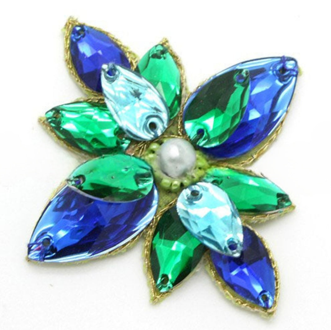 BLUE GREEN FLORAL RHINESTONE MOTIF - sarahi.NYC