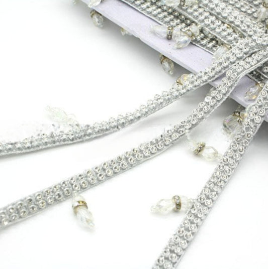 SILVER CRYSTAL BEADED DIAMONTE FRINGE TRIM - sarahi.NYC