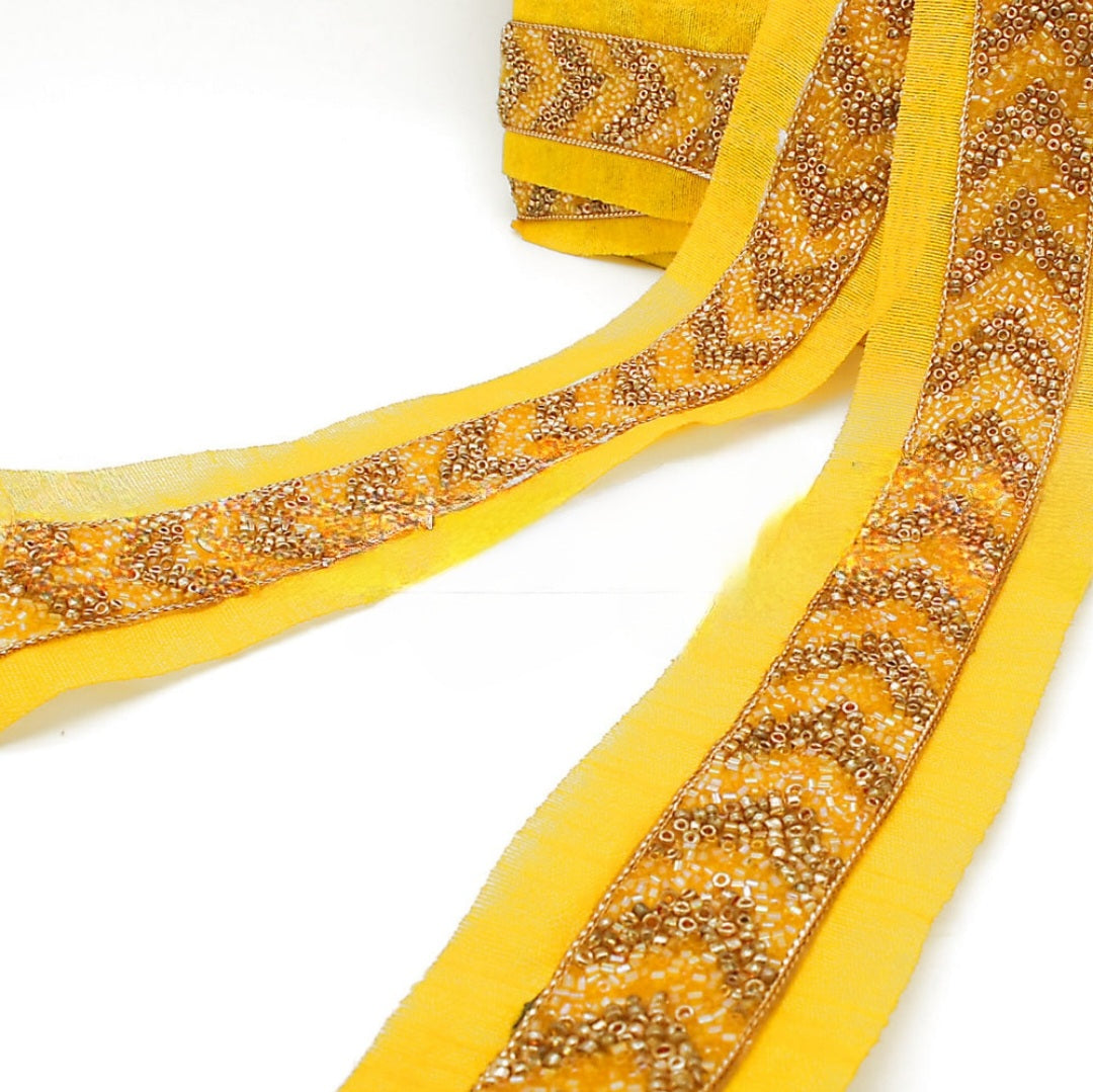 YELLOW GOLD BUGLE BEADED FABRIC TRIM - sarahi.NYC