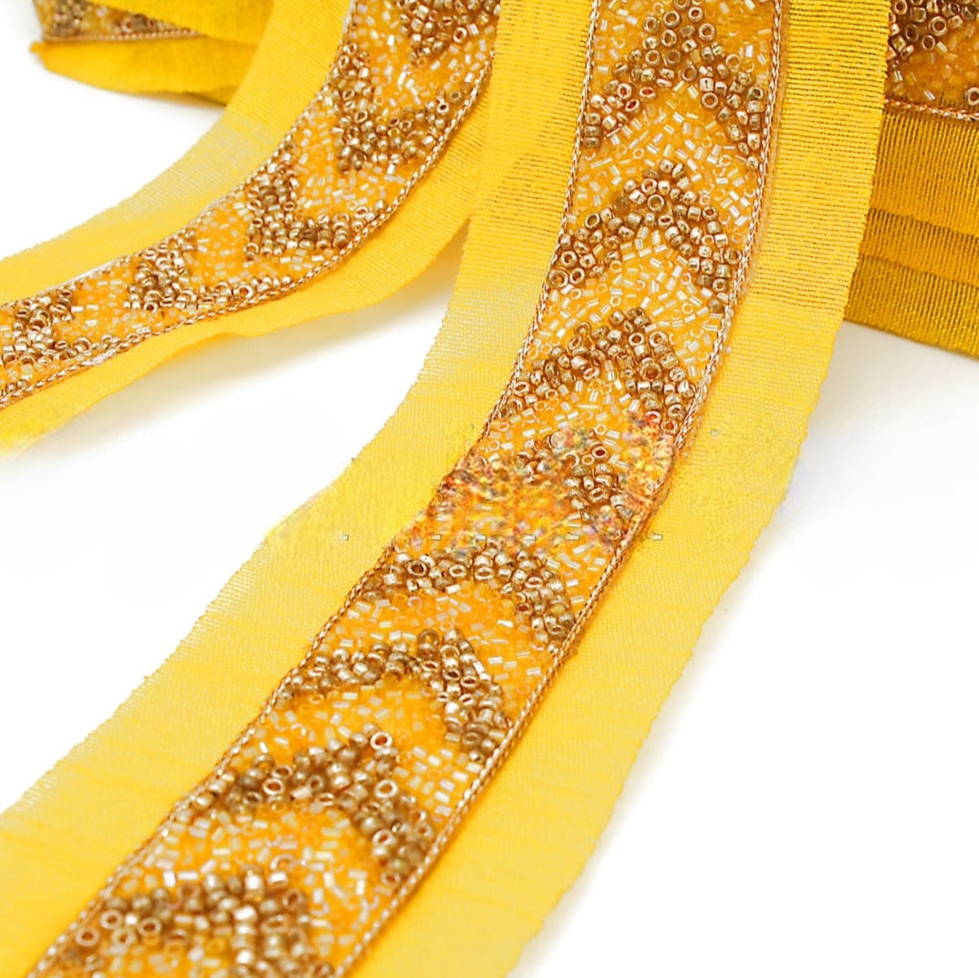 YELLOW GOLD BUGLE BEADED FABRIC TRIM - sarahi.NYC