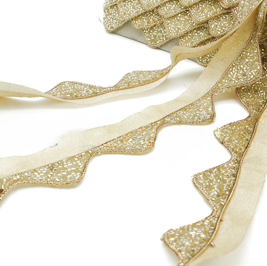 WHITE CREAM GOLD WAVE EDGING BUGLE BEADED FABRIC TRIM - sarahi.NYC