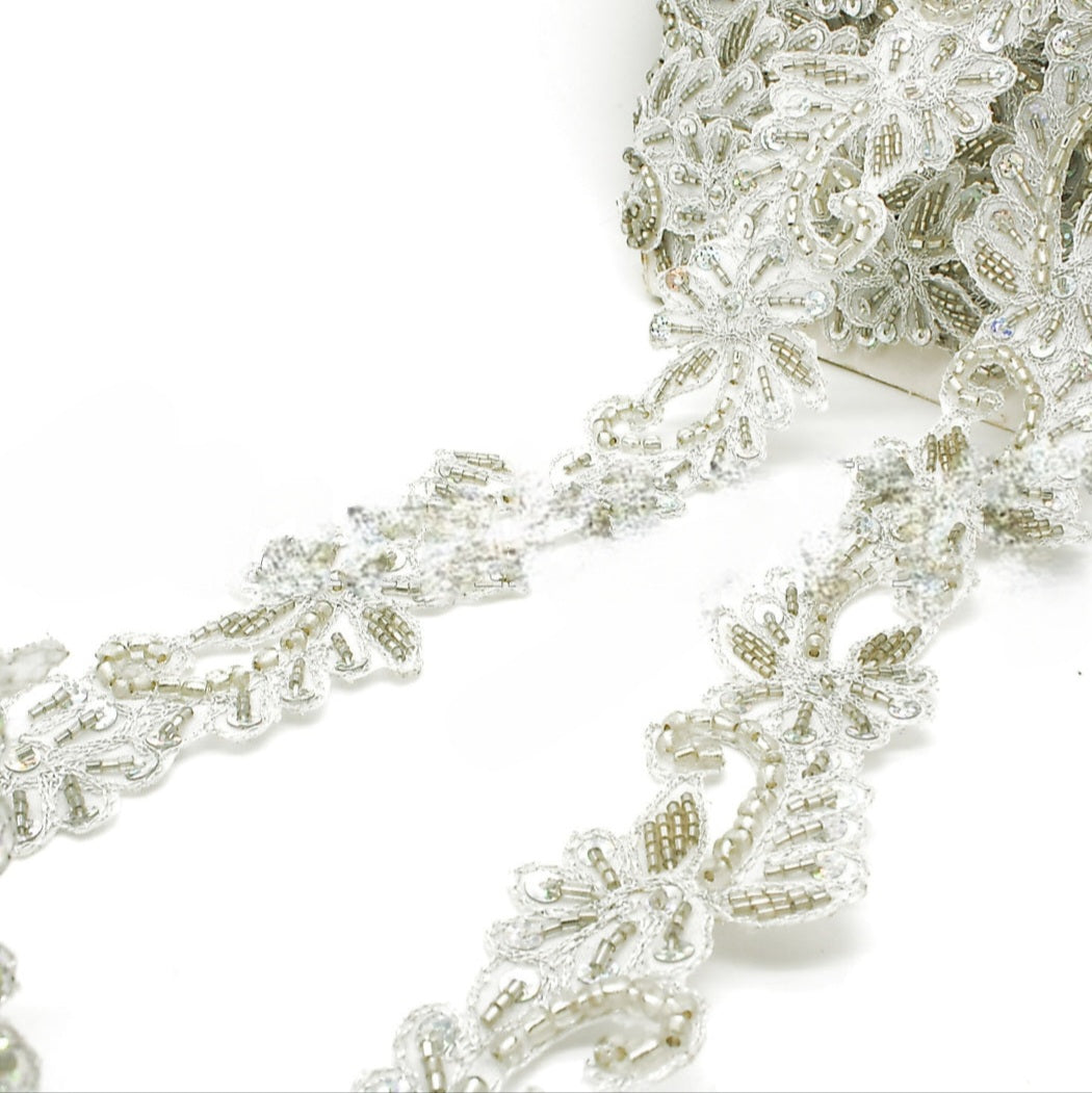 WHITE SILVER FLORAL BEADED TRIM - sarahi.NYC