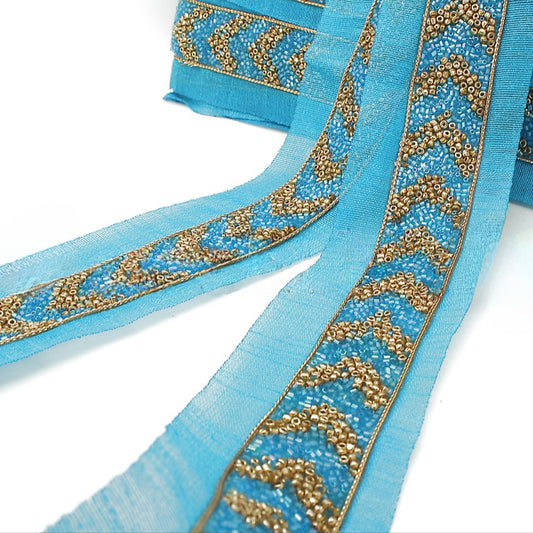 TURQUOISE GOLD BUGLE BEADED FABRIC TRIM - sarahi.NYC