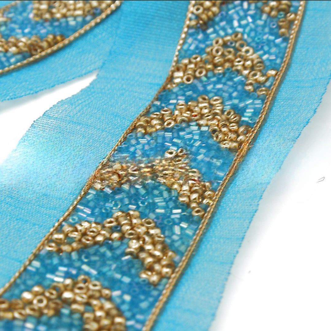 TURQUOISE GOLD BUGLE BEADED FABRIC TRIM - sarahi.NYC