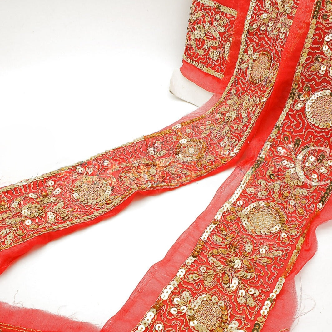 RED GOLD SEQUIN EMBROIDERY RIBBON TRIM - sarahi.NYC