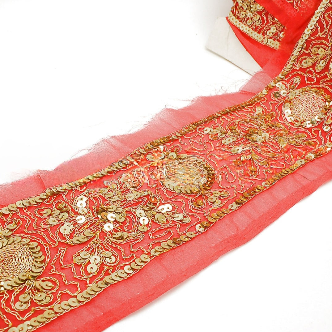 RED GOLD SEQUIN EMBROIDERY RIBBON TRIM - sarahi.NYC