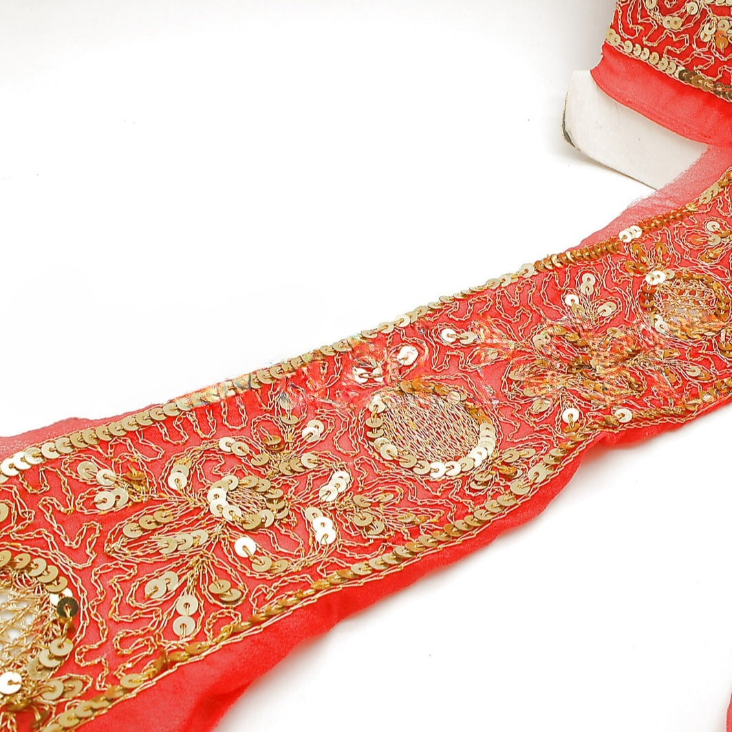 RED GOLD SEQUIN EMBROIDERY RIBBON TRIM - sarahi.NYC