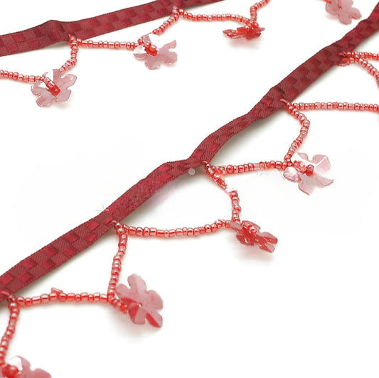 RED FLORAL BEADED FRINGE TRIM - sarahi.NYC