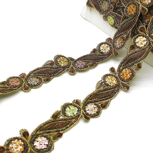 Brown Swirl Sequin Floral Trim - Sarahi.nyc Fabric Trims