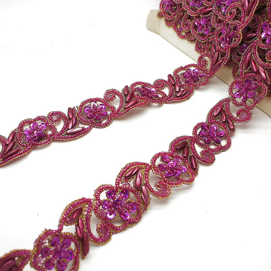 Cerise Pink Flower Beaded Sequin Trim - Sarahi.nyc Fabric Trims