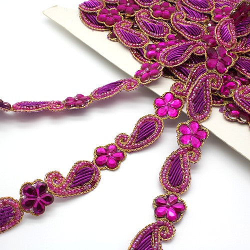 HOT PINK CERISE  BEADED  FLORAL TRIM - sarahi.NYC