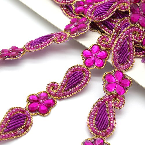 HOT PINK CERISE  BEADED  FLORAL TRIM - sarahi.NYC