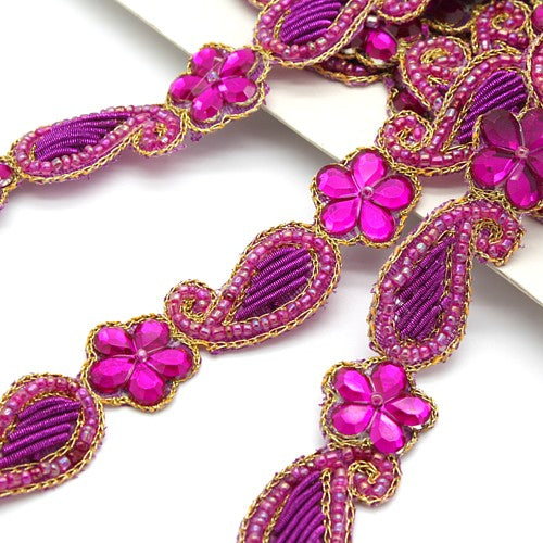 HOT PINK CERISE  BEADED  FLORAL TRIM - sarahi.NYC