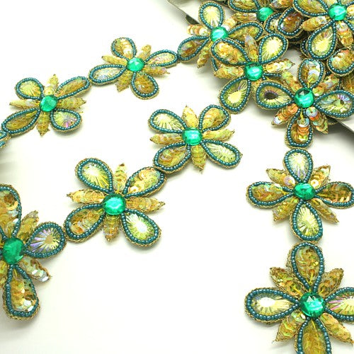 YELLOW GREEN FLOWER RHINESTONE  TRIM - sarahi.NYC