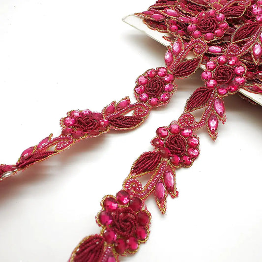 Hot Pink Rhinestone Floral Trim - Sarahi.nyc Trims